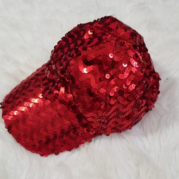 Red Sequin Glamour Hat Cap. - Picture 3 of 8